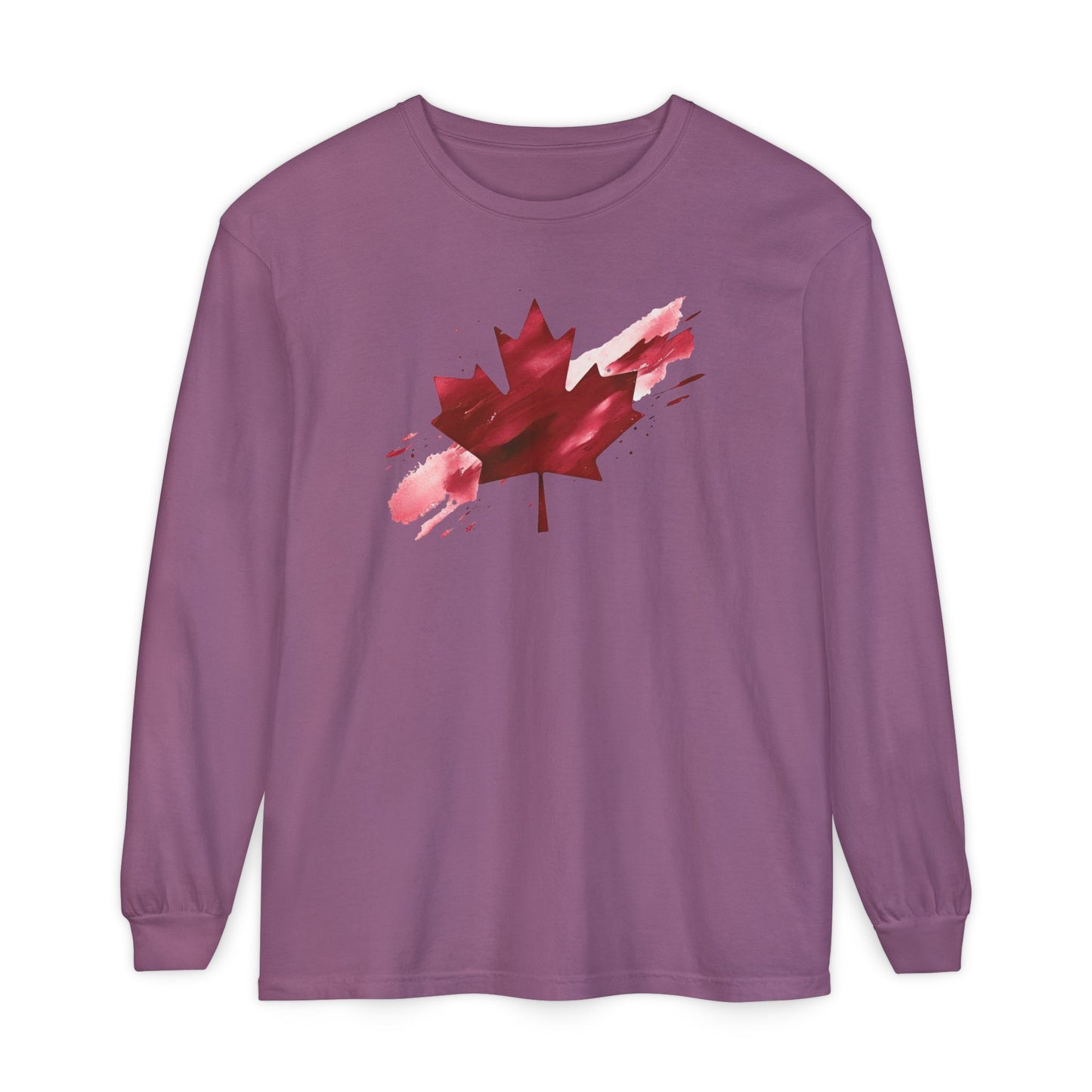 On the front of this unisex long sleeve shirt is an image of a Canadian maple leaf that is bright red, it looks like it has been spray painted onto the front of the shirt.