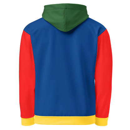 A custom hand sewn hoodie that has a color block design with the front and the back of the hoodie being a bright blue color, the front pocket and the outside of the hood are green, the inside of the hood and the sleeves are red in color with the cuffs of the sleeves and the waistband being a bright yellow color.