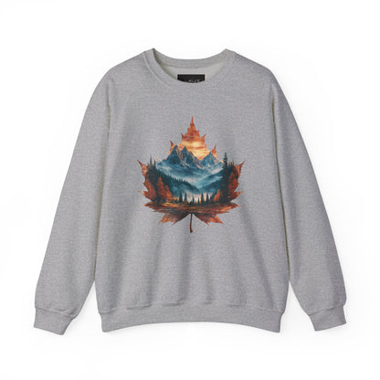 On the front of this Canadian pride sweatshirt is a large maple leaf with the inside of the leaf having a picture of the Rocky Mountains in the fall time.