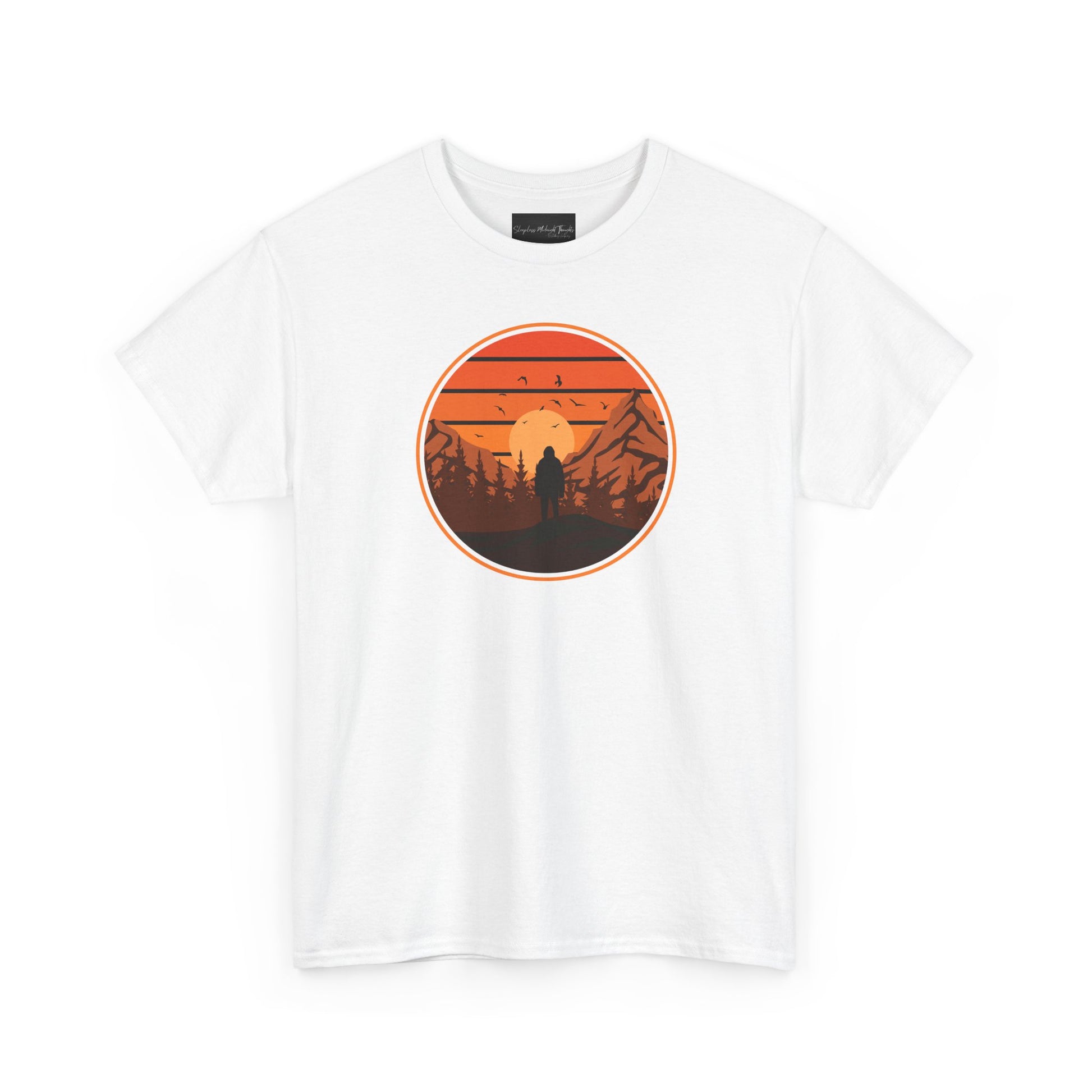 On the front of this custom tee is a large circle on the center of the chest that has an image of bigfoot right in the middle, there is a sun setting with mountain ranges and pine trees in the background.