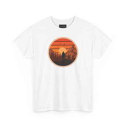 On the front of this custom tee is a large circle on the center of the chest that has an image of bigfoot right in the middle, there is a sun setting with mountain ranges and pine trees in the background.