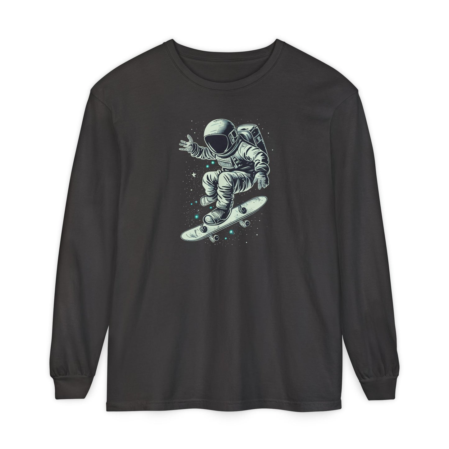 On the front of this custom unisex long sleeve shirt is an image of an astronaut riding a skateboard, there are a bunch of stars around the astronaut.