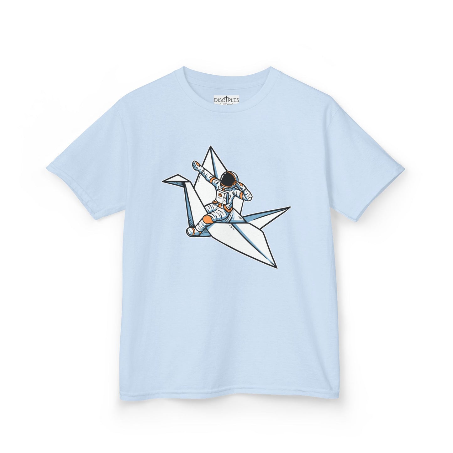 On the front of this custom kids t-shirt is an image of a astronaut flying on a paper plane.
