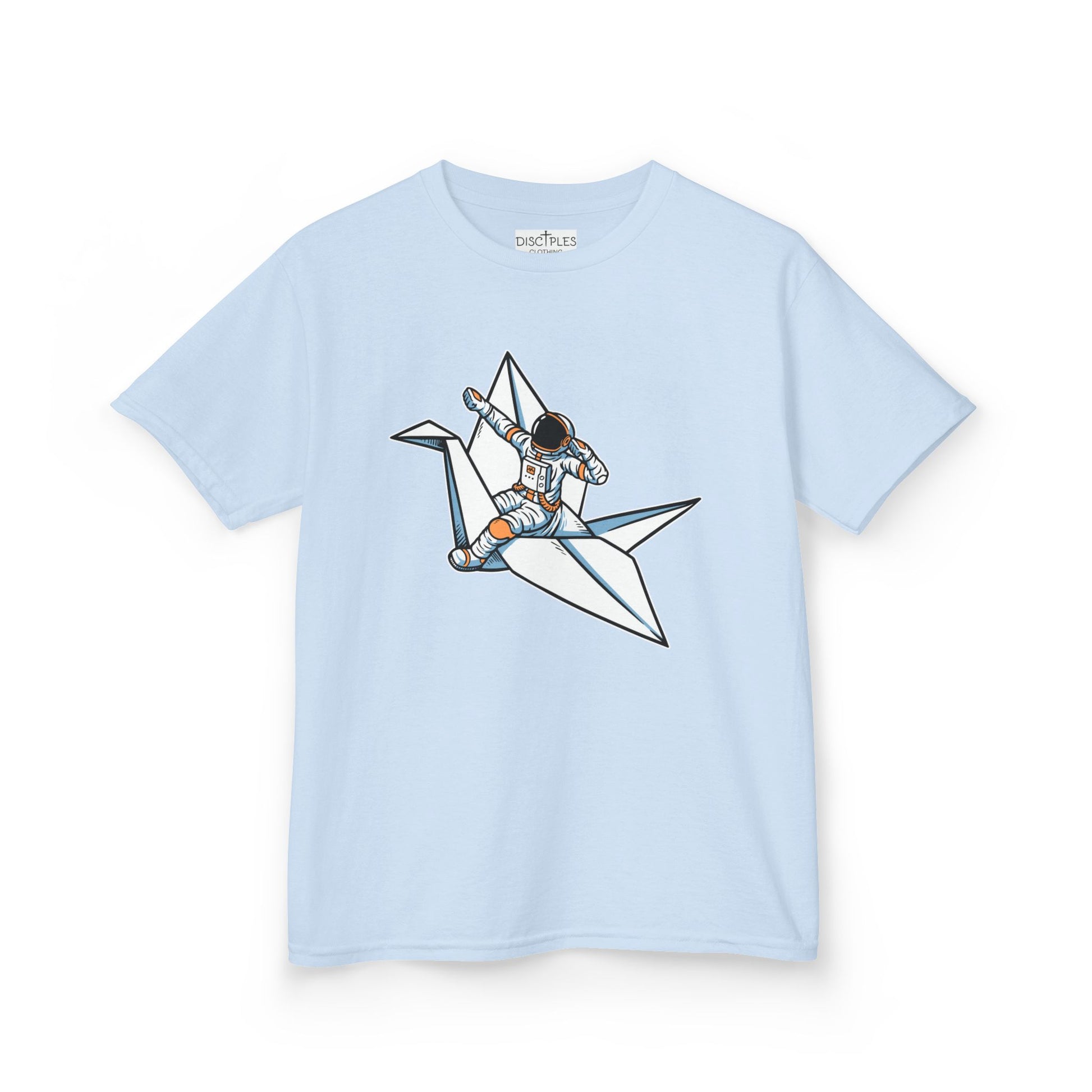 On the front of this custom kids t-shirt is an image of a astronaut flying on a paper plane.