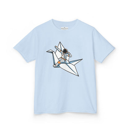 On the front of this custom kids t-shirt is an image of a astronaut flying on a paper plane.