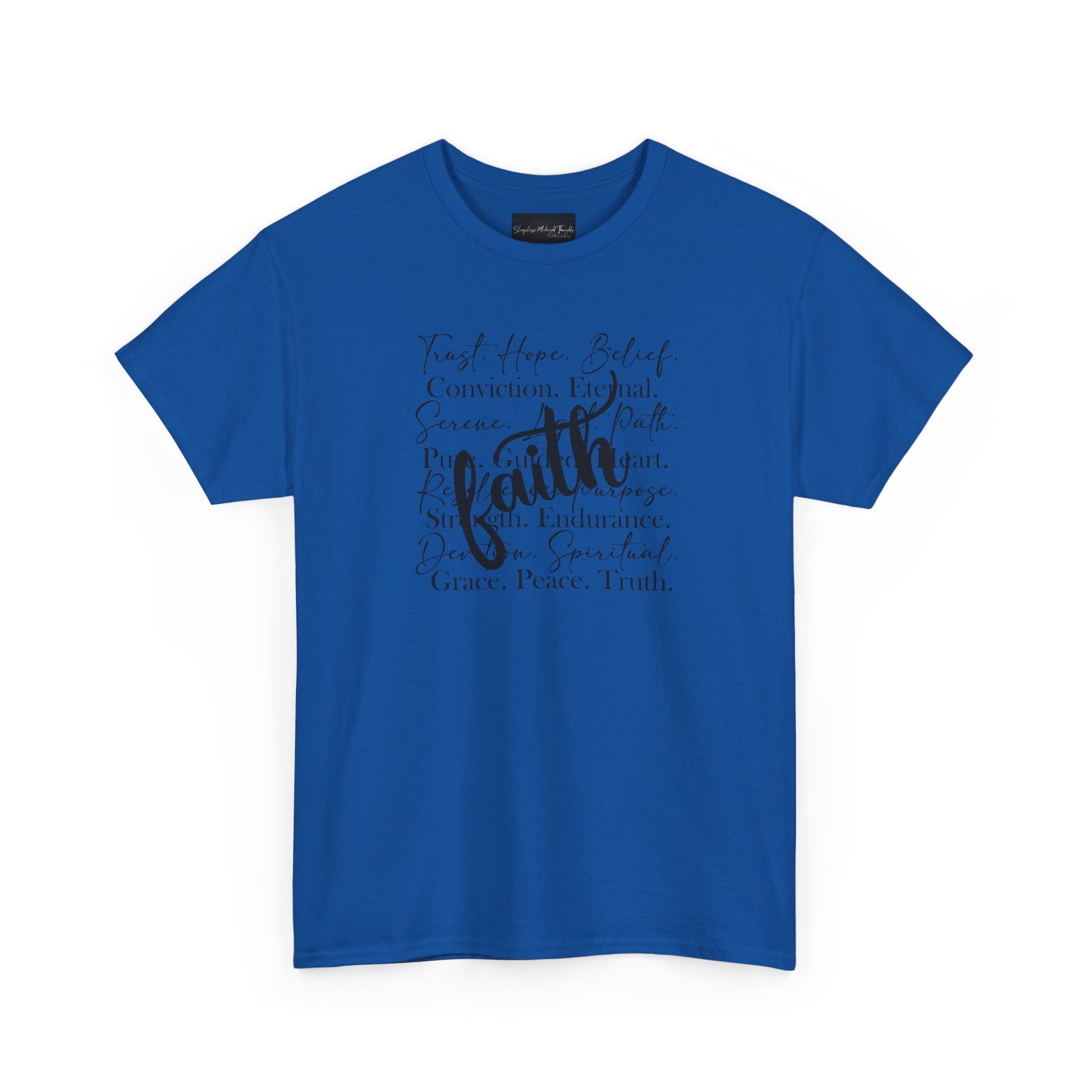 On the front of this custom Christian t-shirt are all the words that represent faith such as grace, conviction, endurance, purpose, trust, hope and many more, the word Faith is superimposed overtop.