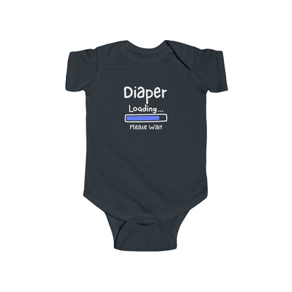 On the front of this custom infant onesie are the words Diaper loading please wait with an image of a battery life bar in baby blue.