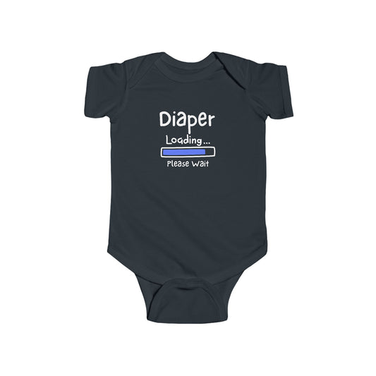 On the front of this custom infant onesie are the words Diaper loading please wait with an image of a battery life bar in baby blue.
