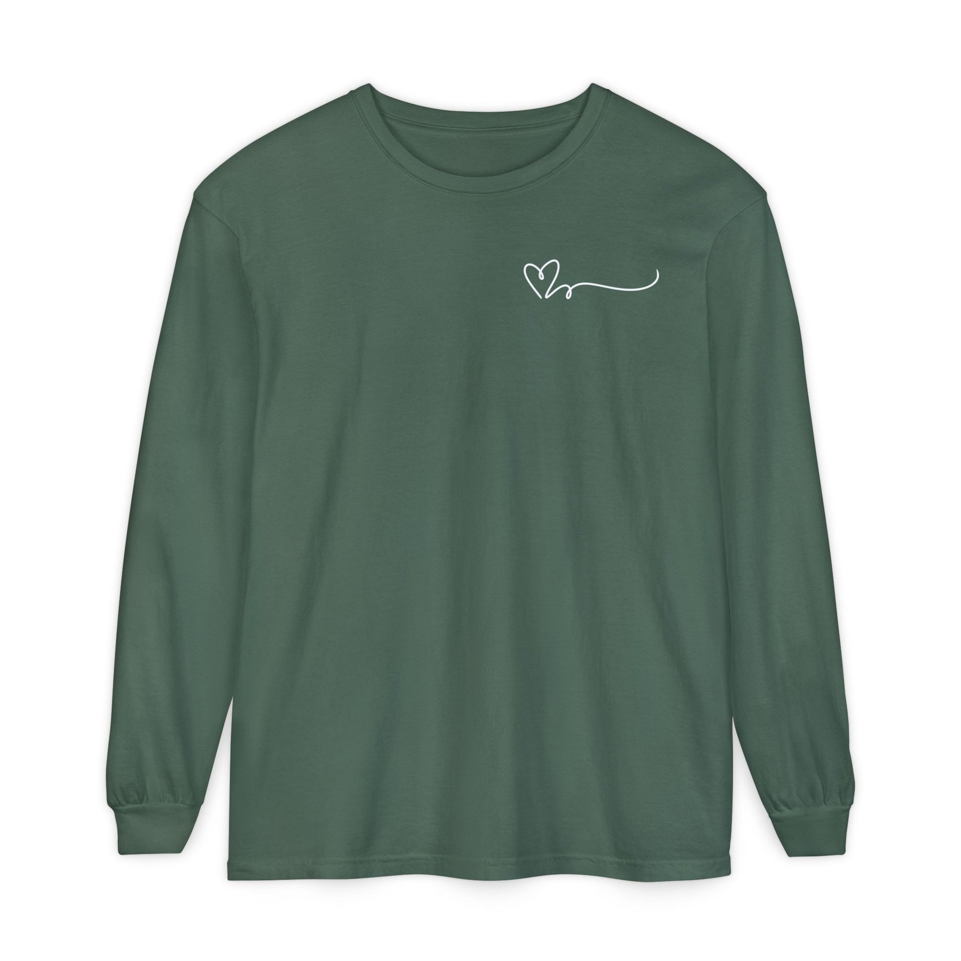 On the top right chest of this custom long sleeve t-shirt is a heart with a trail behind it signifying a heartbeat that you would see on a heart monitor. Perfect for health care workers and teachers.