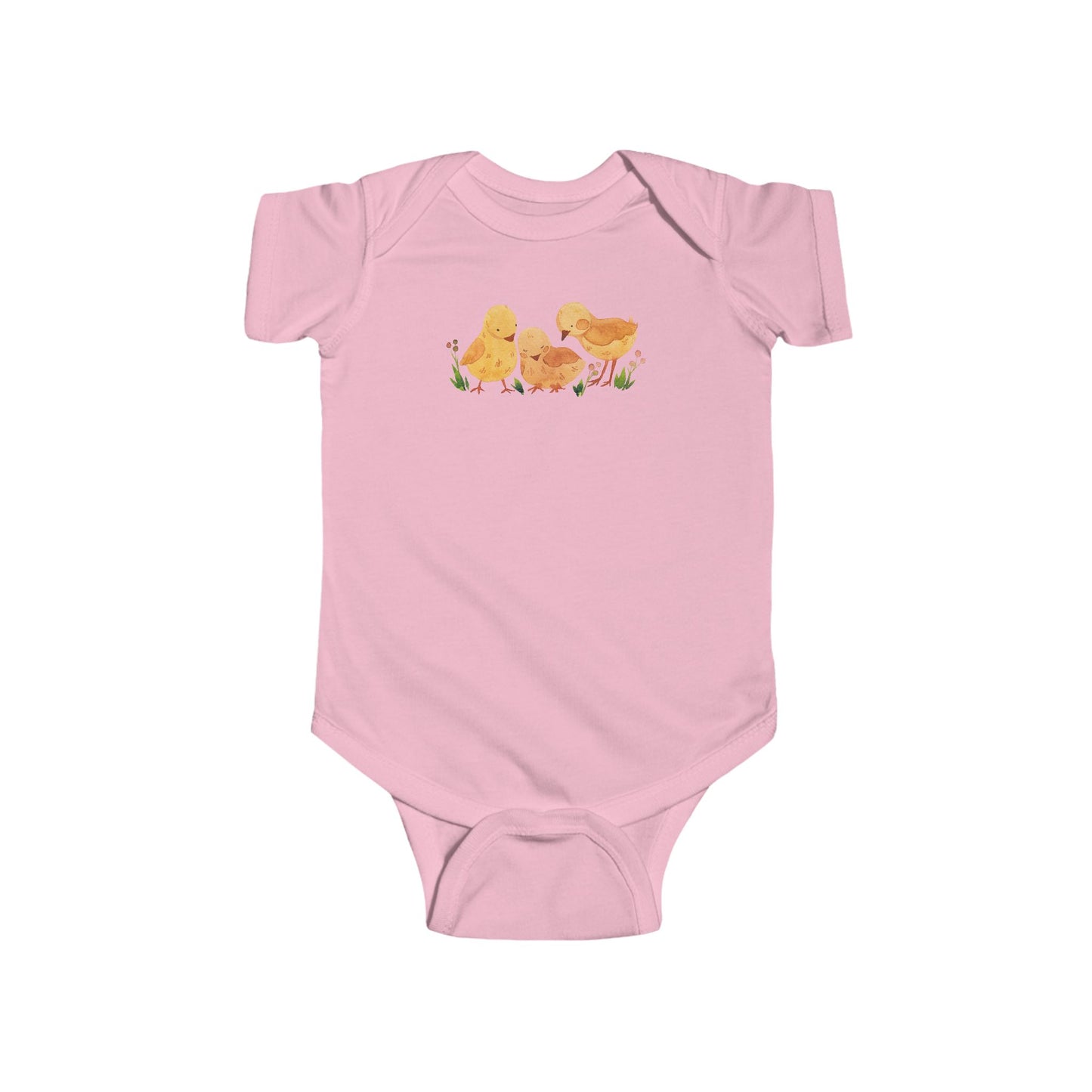 On the front upper part of this custom infant short sleeve onesie is an image of three baby chicks with flowers all around the baby chicks.