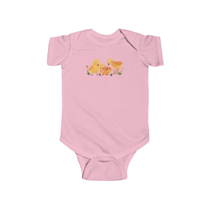 On the front upper part of this custom infant short sleeve onesie is an image of three baby chicks with flowers all around the baby chicks.