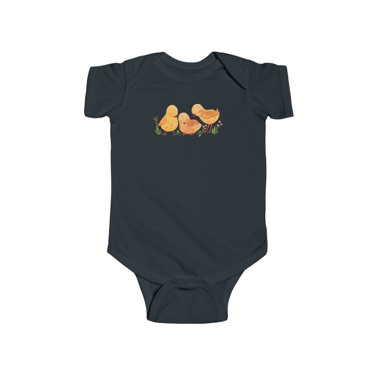 On the front upper part of this custom infant short sleeve onesie is an image of three baby chicks with flowers all around the baby chicks.