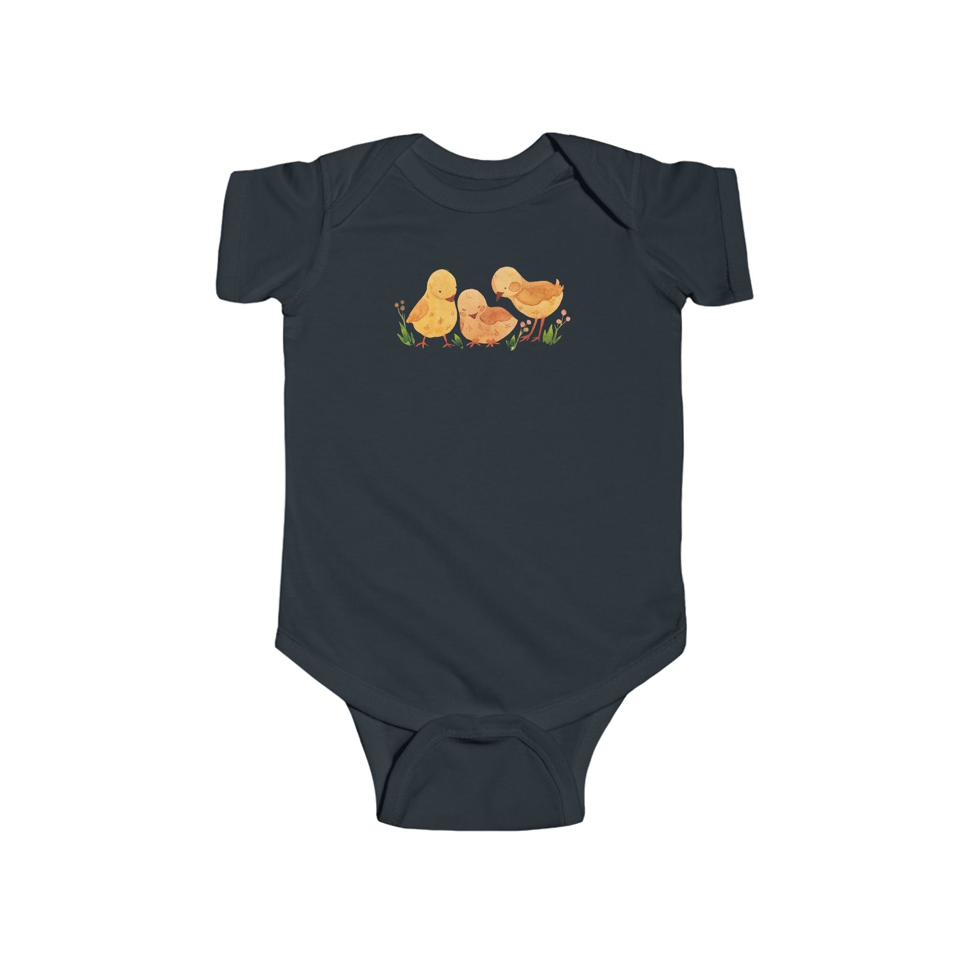 On the front upper part of this custom infant short sleeve onesie is an image of three baby chicks with flowers all around the baby chicks.