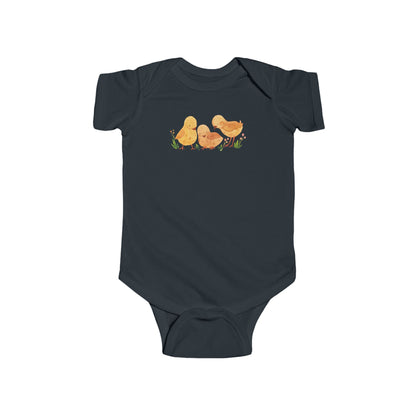 On the front upper part of this custom infant short sleeve onesie is an image of three baby chicks with flowers all around the baby chicks.
