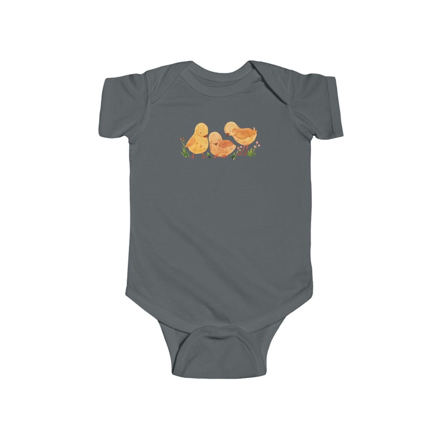 On the front upper part of this custom infant short sleeve onesie is an image of three baby chicks with flowers all around the baby chicks.
