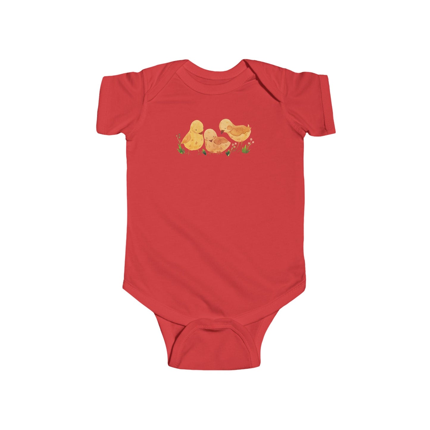 On the front upper part of this custom infant short sleeve onesie is an image of three baby chicks with flowers all around the baby chicks.