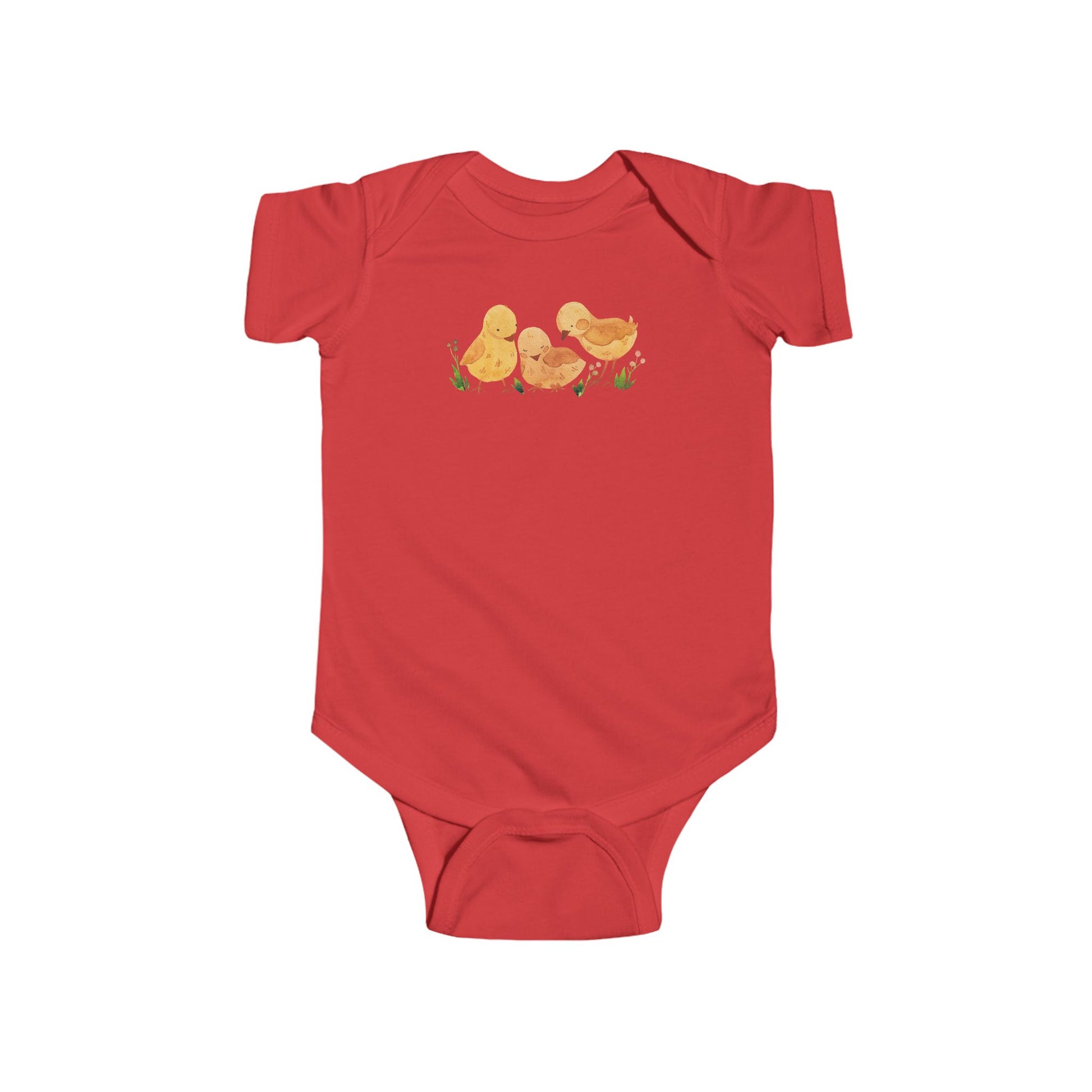 On the front upper part of this custom infant short sleeve onesie is an image of three baby chicks with flowers all around the baby chicks.