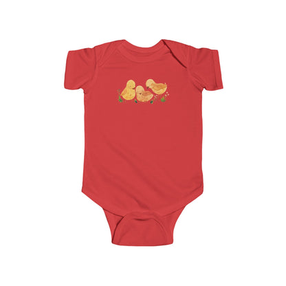 On the front upper part of this custom infant short sleeve onesie is an image of three baby chicks with flowers all around the baby chicks.