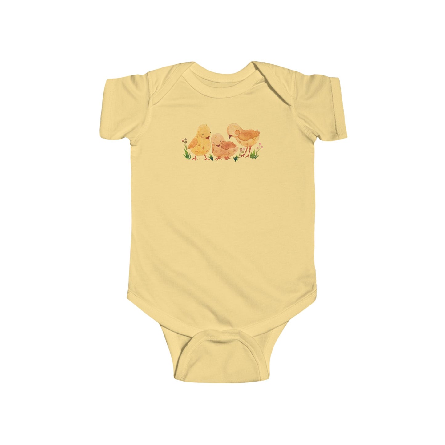 On the front upper part of this custom infant short sleeve onesie is an image of three baby chicks with flowers all around the baby chicks.
