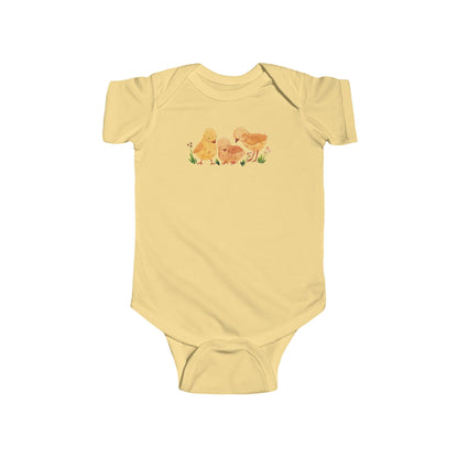 On the front upper part of this custom infant short sleeve onesie is an image of three baby chicks with flowers all around the baby chicks.
