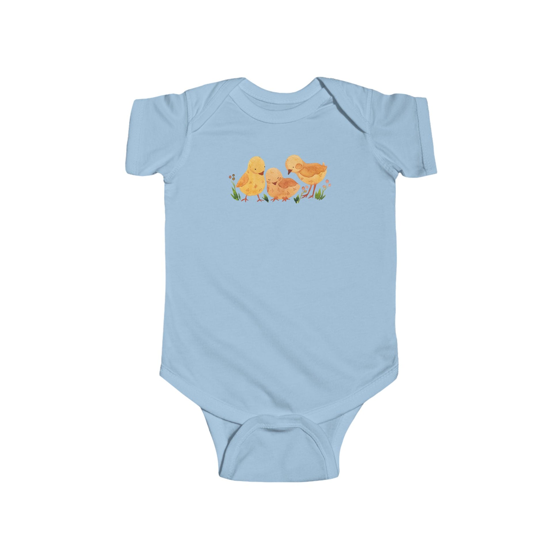On the front upper part of this custom infant short sleeve onesie is an image of three baby chicks with flowers all around the baby chicks.