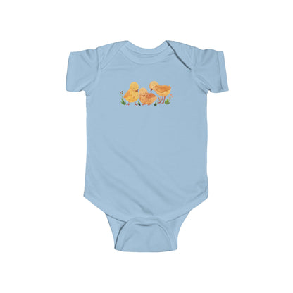 On the front upper part of this custom infant short sleeve onesie is an image of three baby chicks with flowers all around the baby chicks.