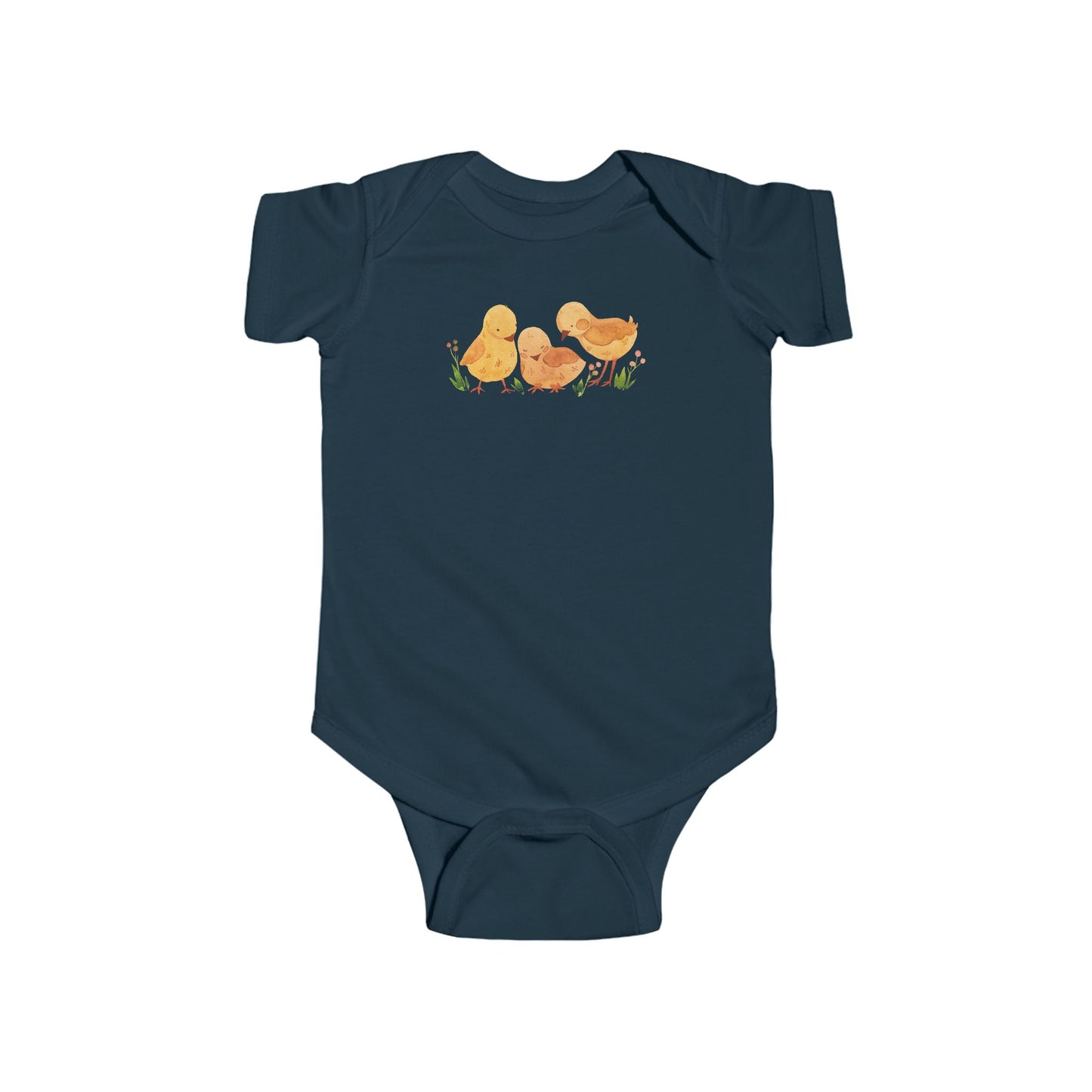 On the front upper part of this custom infant short sleeve onesie is an image of three baby chicks with flowers all around the baby chicks.