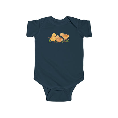 On the front upper part of this custom infant short sleeve onesie is an image of three baby chicks with flowers all around the baby chicks.