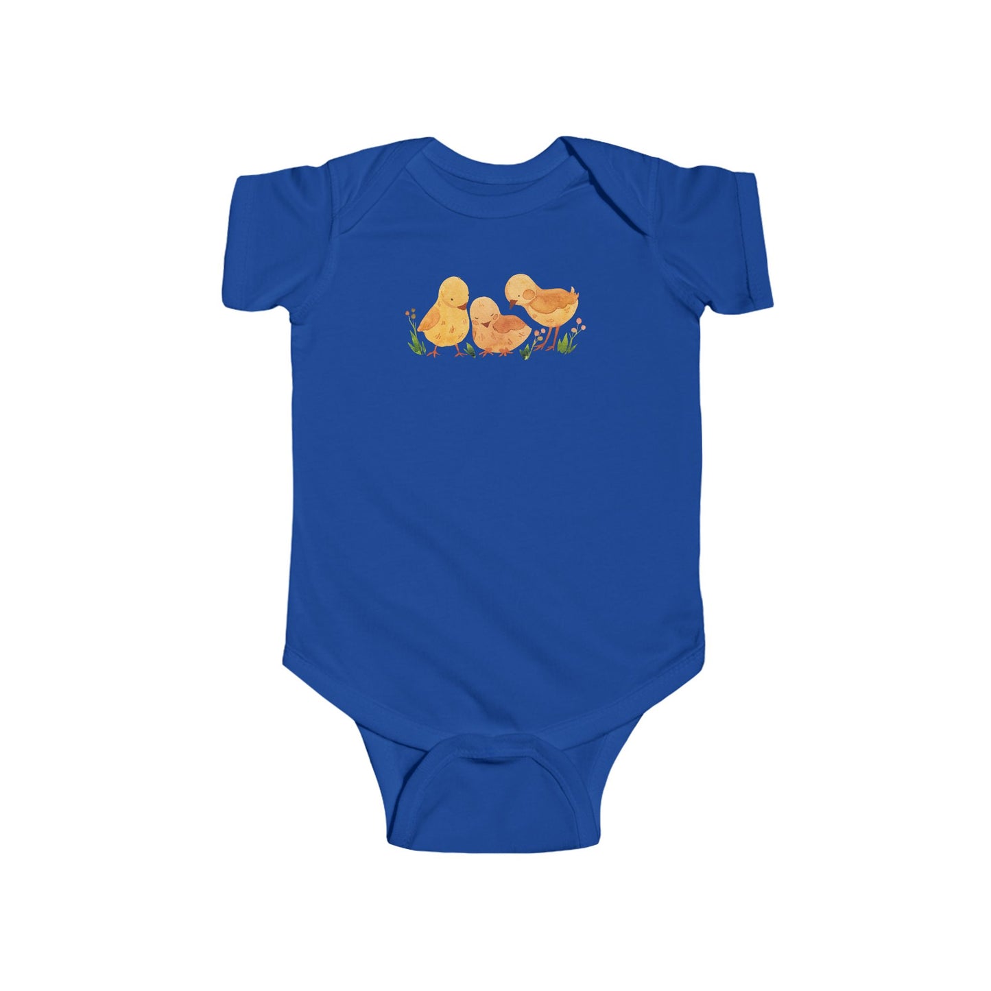 On the front upper part of this custom infant short sleeve onesie is an image of three baby chicks with flowers all around the baby chicks.