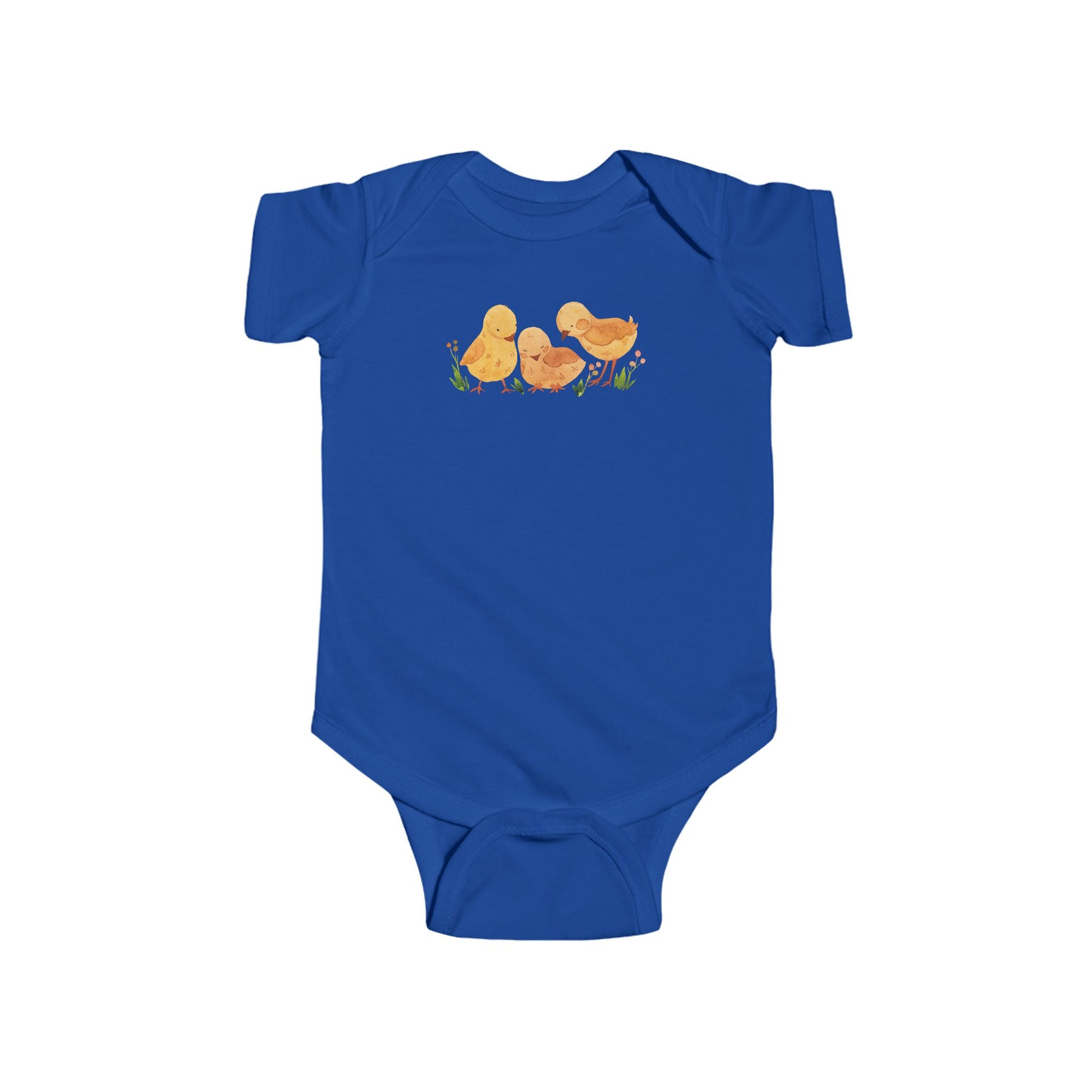 On the front upper part of this custom infant short sleeve onesie is an image of three baby chicks with flowers all around the baby chicks.