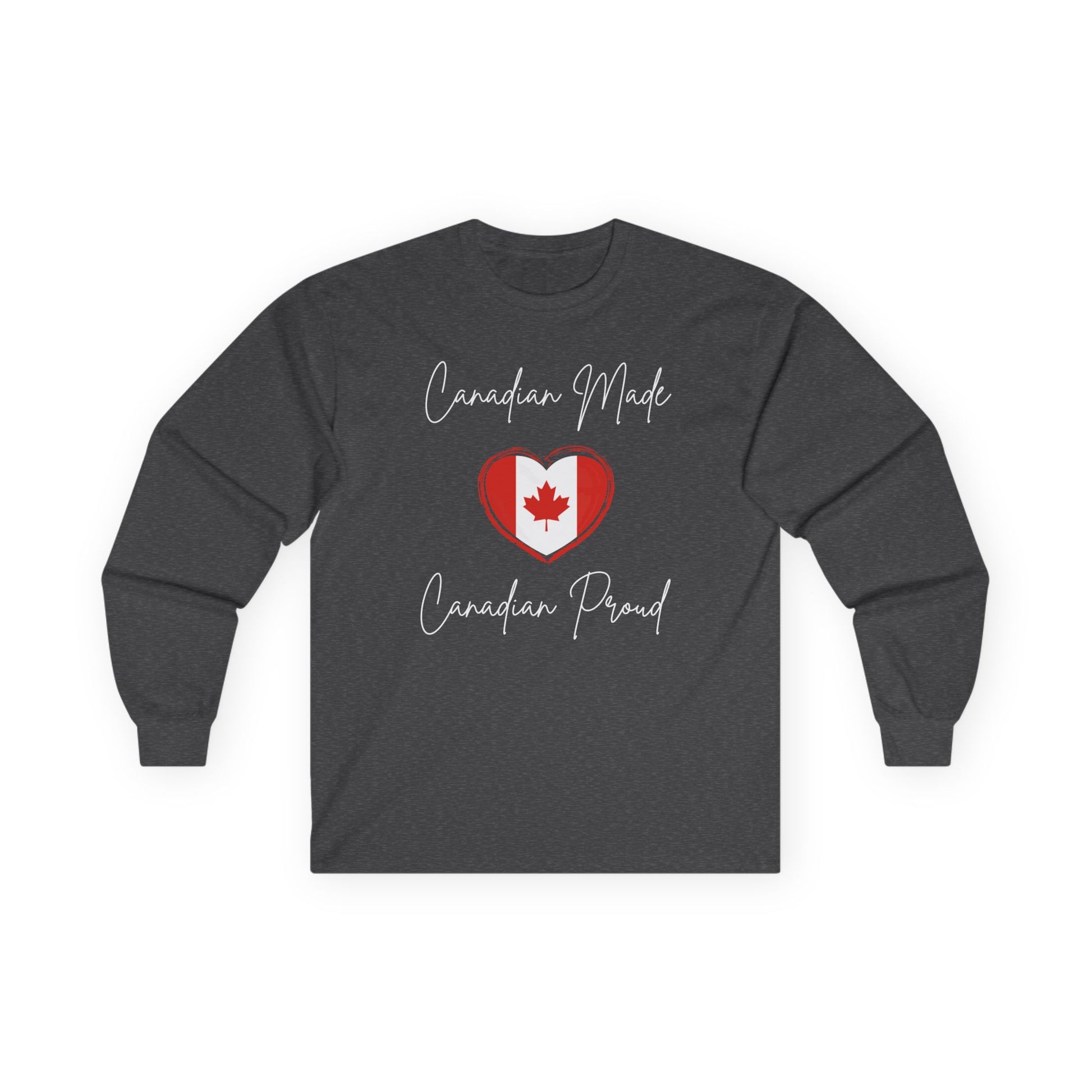 On the front of this custom Canadian patriotic long sleeve t-shirt are the words Canadian Made Canadian Proud in a beautiful cursive font, there is a Canadian flag in the middle that is in the shape of a heart.