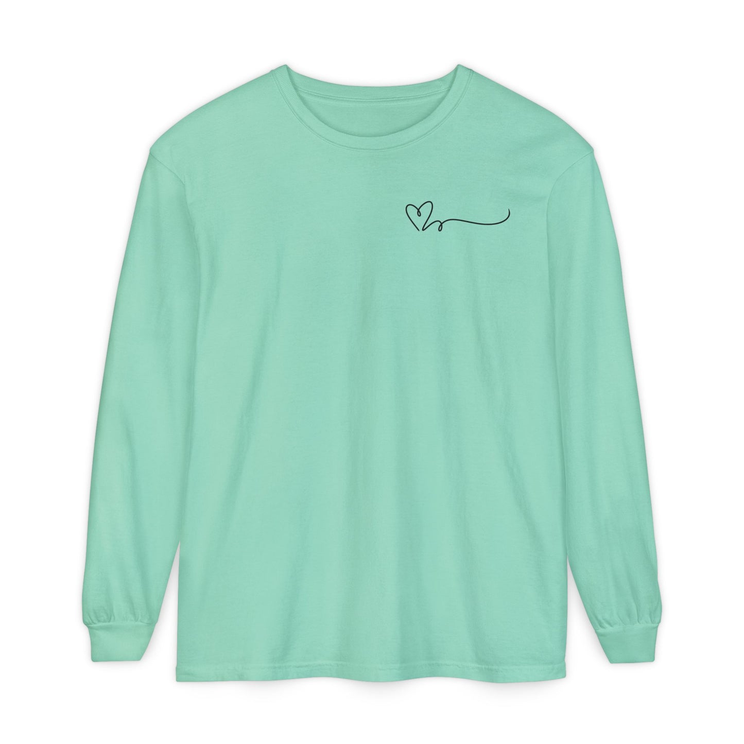 On the top right chest of this custom long sleeve t-shirt is a heart with a trail behind it signifying a heartbeat that you would see on a heart monitor. Perfect for health care workers and teachers.