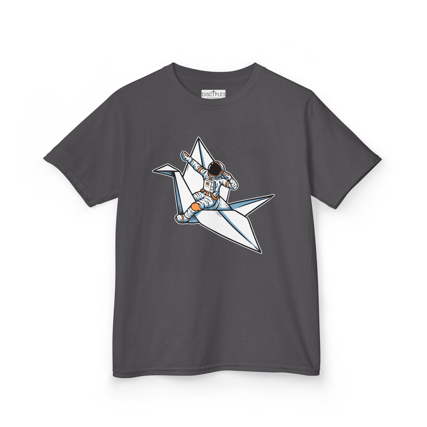 On the front of this custom kids t-shirt is an image of a astronaut flying on a paper plane.