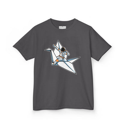 On the front of this custom kids t-shirt is an image of a astronaut flying on a paper plane.