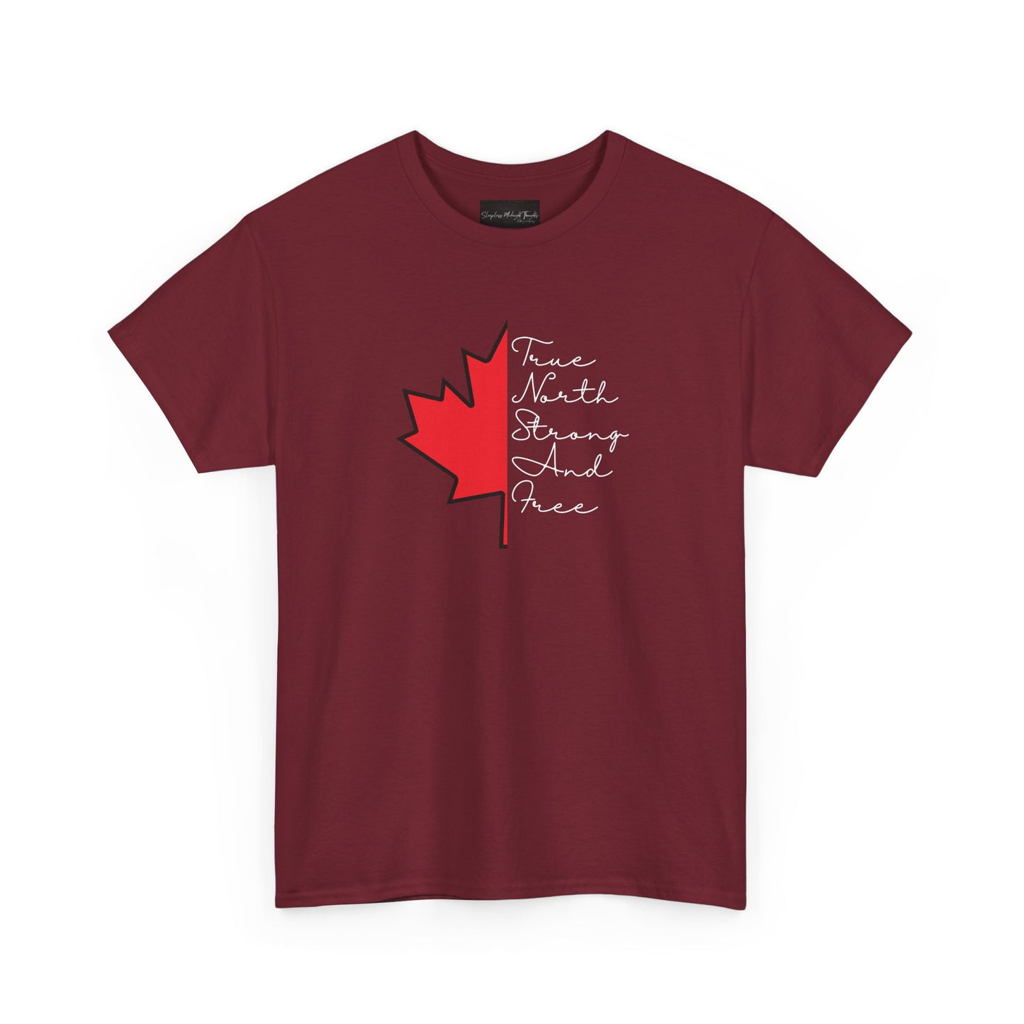 This custom handmade Canadian shirt comes with a maple leaf on the front center of the shirt, the words true north strong and free are in cursive on the other side of the maple leaf.