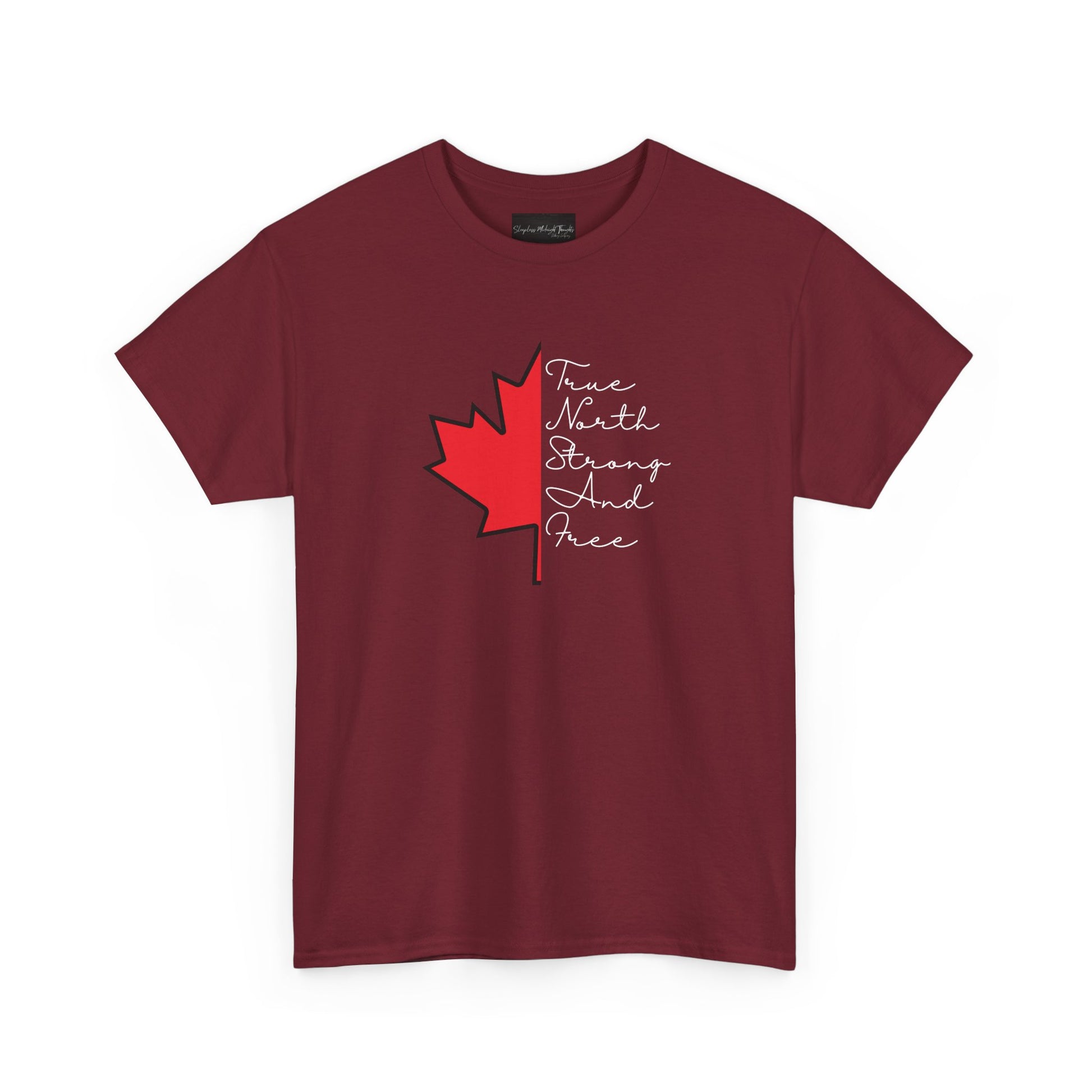 This custom handmade Canadian shirt comes with a maple leaf on the front center of the shirt, the words true north strong and free are in cursive on the other side of the maple leaf.