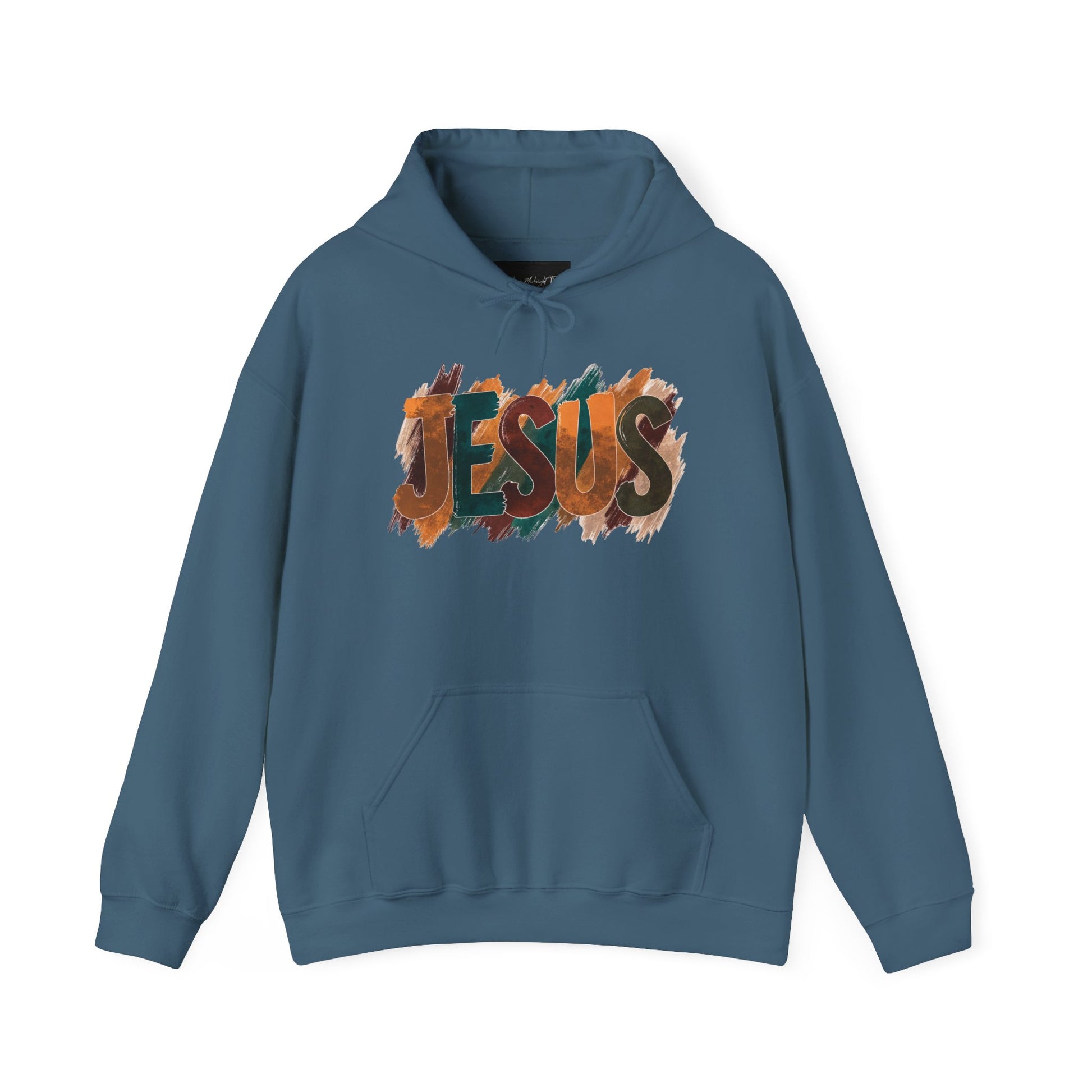 On the front of this Christian hoodie is the name Jesus is large bubble letters with each letter being a different Autumn color, this sweater is perfect for fall time.
