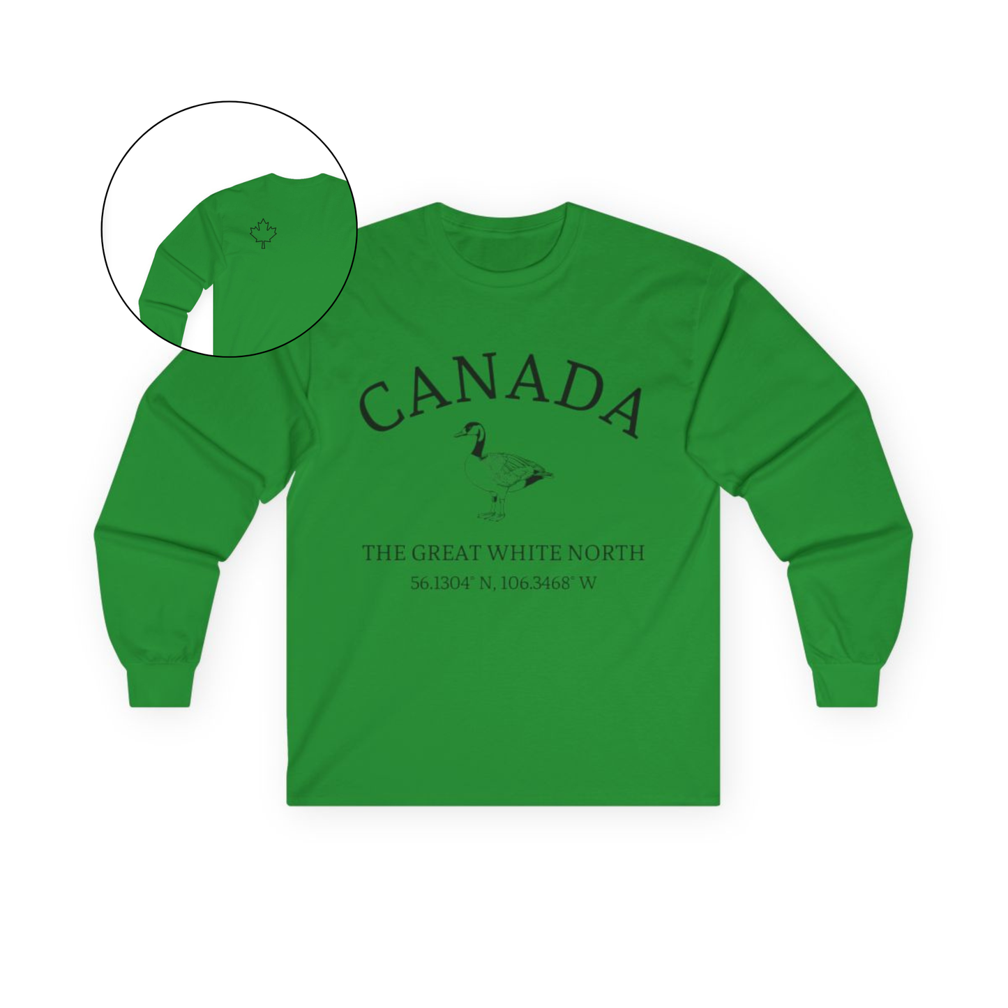 This custom Canadian made unisex long sleeve t-shirt features a Canadian goose on the front in the center of the shirt with the words 'Canada'  above it and 'The Great White North' under the goose, on the back left shoulder blade of the long sleeve shirt is a maple leaf.
