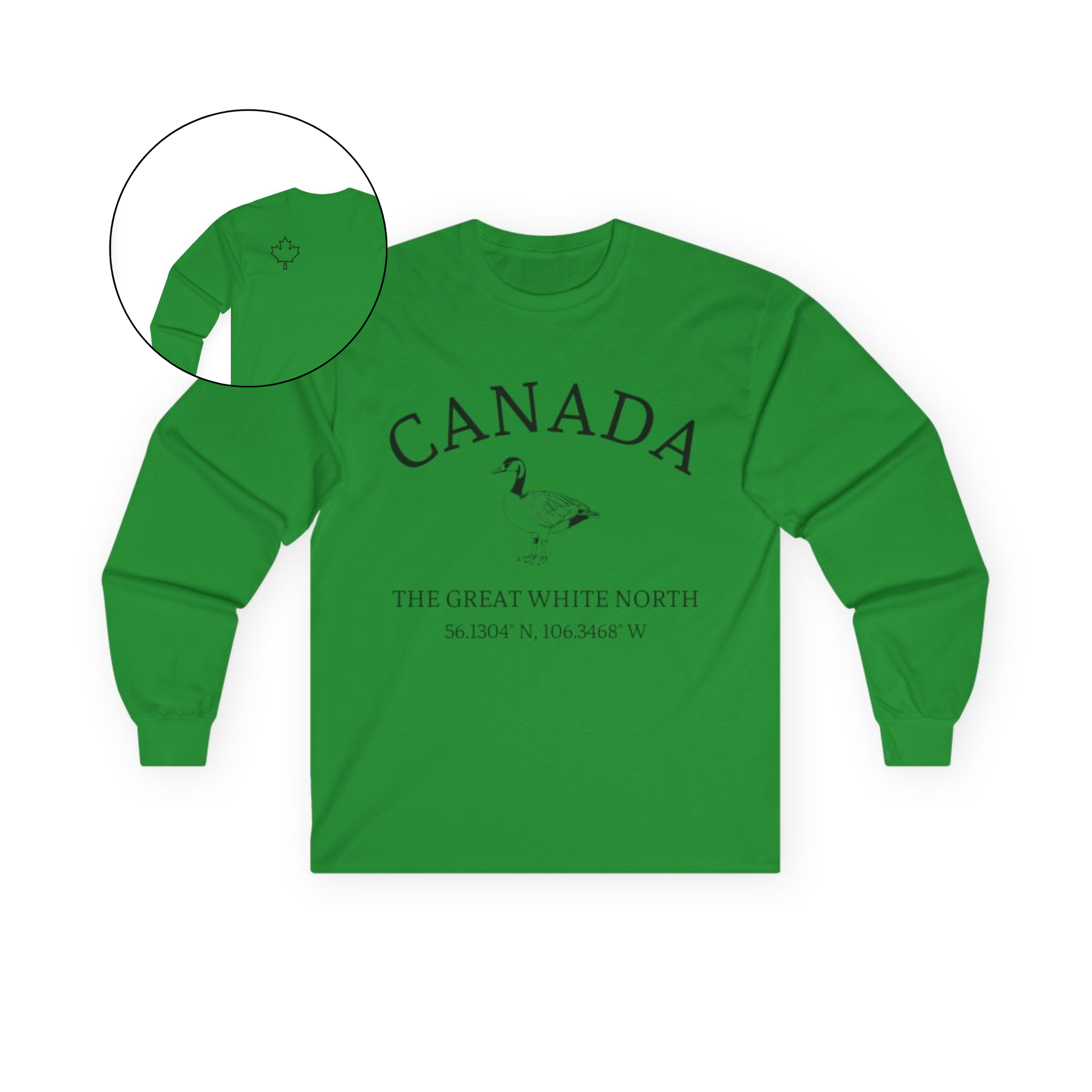 This custom Canadian made unisex long sleeve t-shirt features a Canadian goose on the front in the center of the shirt with the words 'Canada'  above it and 'The Great White North' under the goose, on the back left shoulder blade of the long sleeve shirt is a maple leaf.
