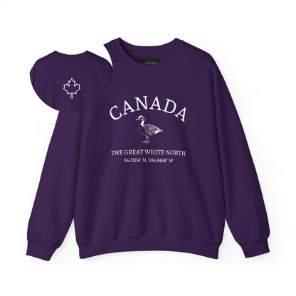 On the front of this unisex super soft Canadian sweatshirt is the word Canada in large text on the top with an image of a Canadian Goose underneath. Under the Goose are the words The Great White North with Canada's geological location under that.