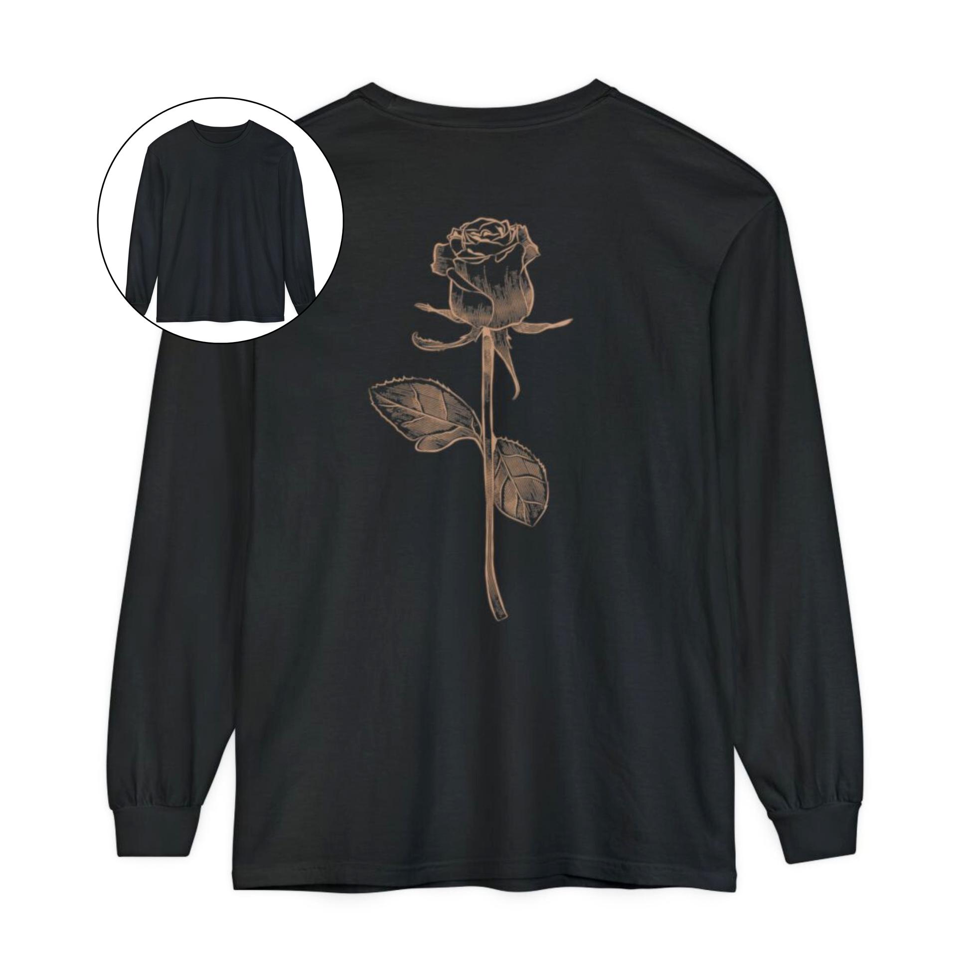 On the back of this custom women's long sleeve tee is a beige colored long stem rose that is the length of the shirt