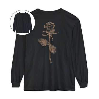 On the back of this custom women's long sleeve tee is a beige colored long stem rose that is the length of the shirt