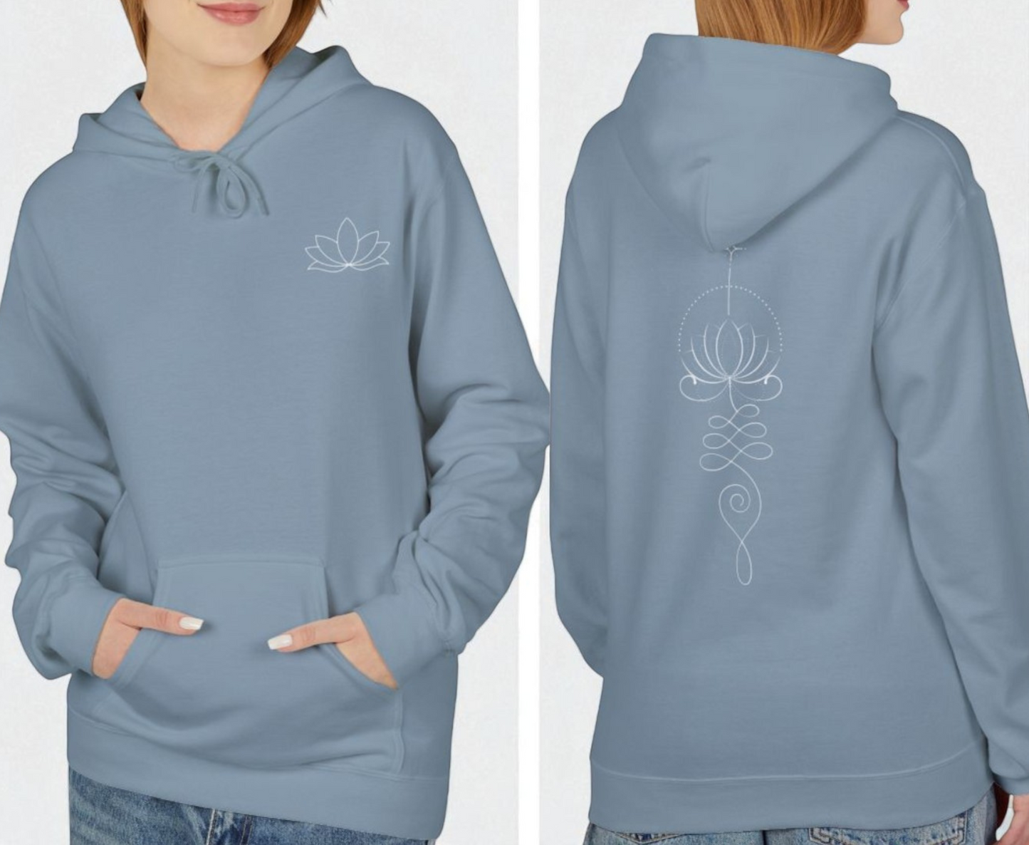 On the back of this custom women's hoodie is a unalome design with a lotus flower in the center of it, the design takes up the entire back of the hoodie from the top to the bottom, on the from of the hoodie, over the left chest is a image of a lotus flower.