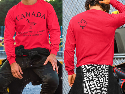 This custom Canadian made unisex long sleeve t-shirt features a Canadian goose on the front in the center of the shirt with the words 'Canada'  above it and 'The Great White North' under the goose, on the back left shoulder blade of the long sleeve shirt is a maple leaf.