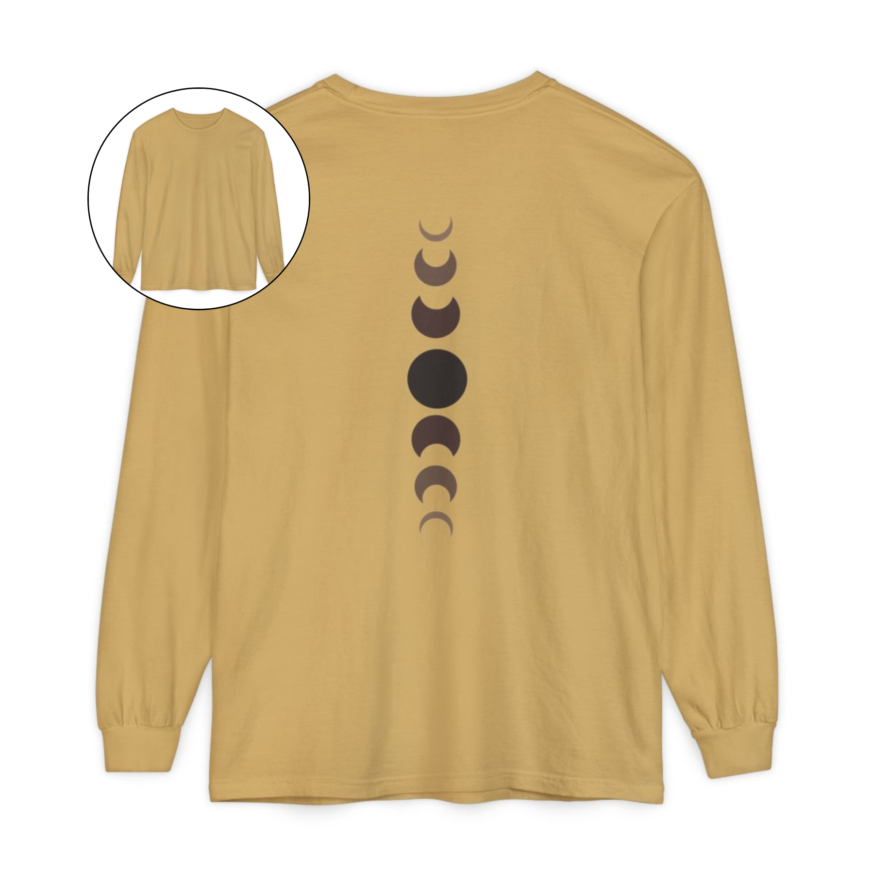 On the back of this custom unisex long sleeve t-shirt from the top of the shirt to the bottom are 7 images of the moon showing the moons cycle, every moon is a different shade of brown.