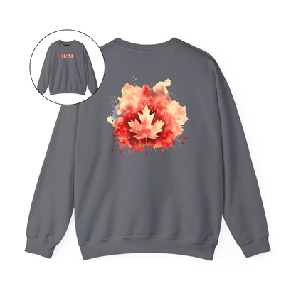 On the front of this Canadian pride pullover sweater is Canada in red and beige letters with a maple leaf in the middle, on the back of the sweater is a large maple leaf that looks like it has been spray painted onto the sweater in red and beige.