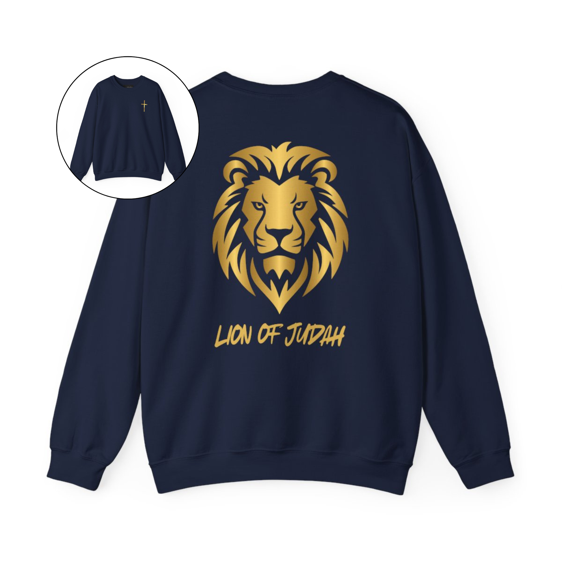 On the front of this custom Christian sweater is a gold Jesus cross on the front left chest, on the back of the pullover is a large gold male lion head with the words Lion of Judah in gold underneath the animal head.
