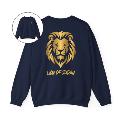 On the front of this custom Christian sweater is a gold Jesus cross on the front left chest, on the back of the pullover is a large gold male lion head with the words Lion of Judah in gold underneath the animal head.