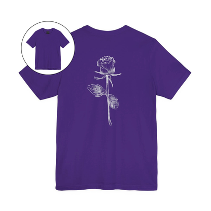 On the back of this custom women's short sleeve shirt is a large rose from the top to the bottom in the center of the back.