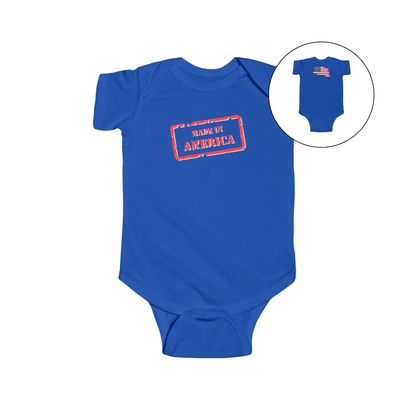 On the front of this custom baby onesie are the words Made In America in a rectangular box that makes it look like a stamp, on the back of this bodysuit is the American flag.